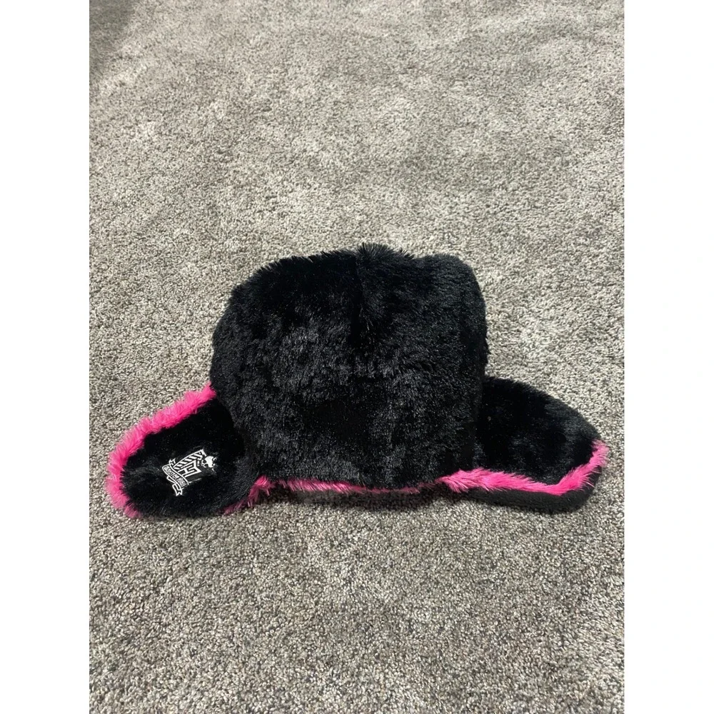 Monster High Trapper Hat Girls OS Black Excellent Faux Fur Skullette Pink Bow